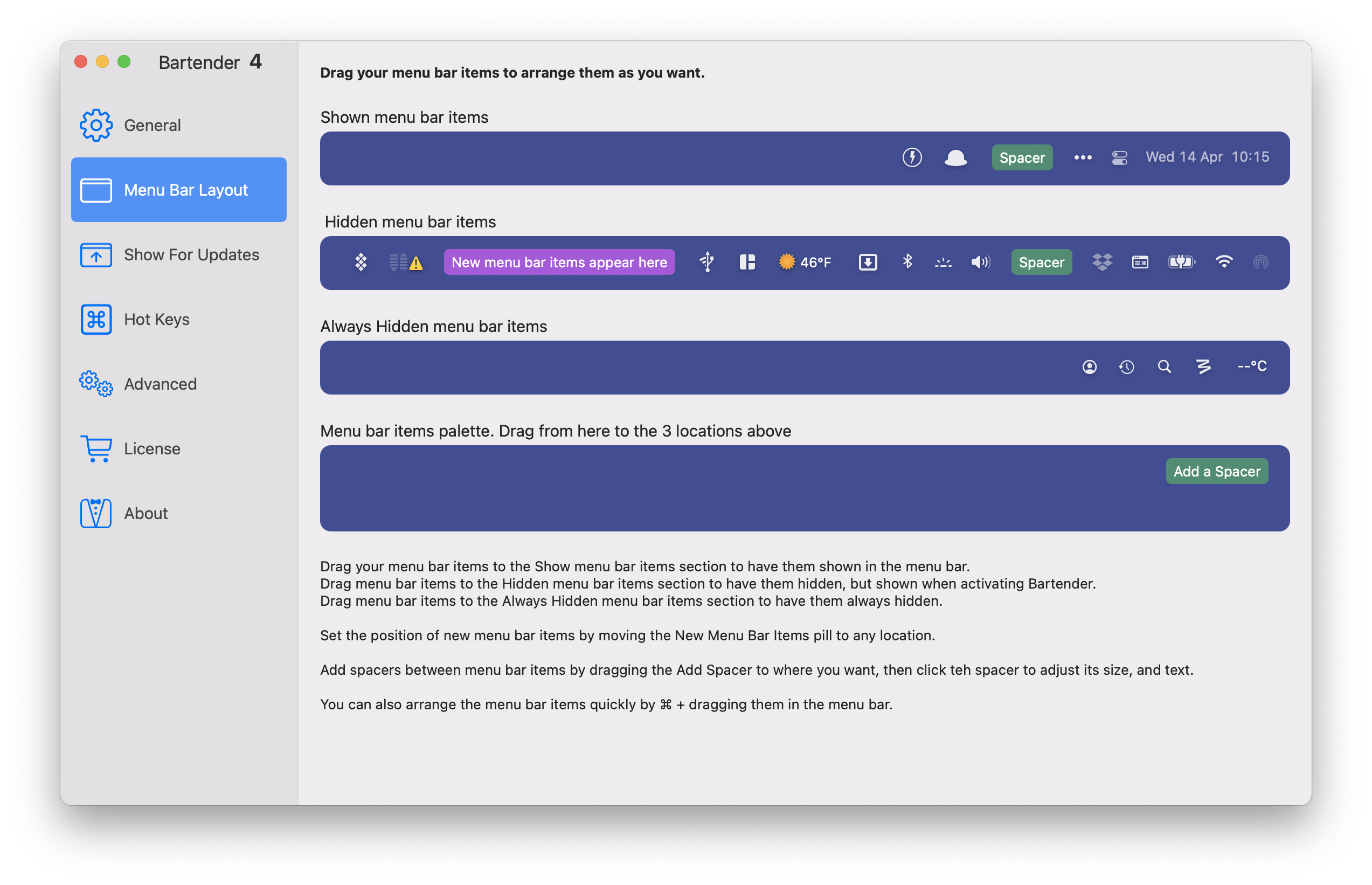 Bartender 4 menu bar layout